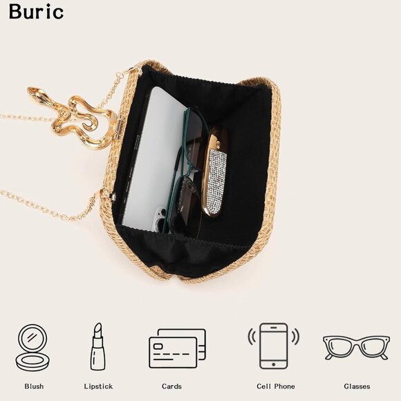 Straw Clutch Purse Women Summer Beach Handbag Woven Snake Clasp Compact - Picture 3 of 6